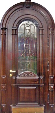 Арочная металлическая дверь массив со стеклом и ковкой ДА-50 в Туле