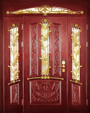 Бордовая железная парадная дверь со стеклом и ковкой ДПР-75 в Туле
