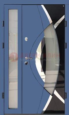 Синяя металлическая дверь со стеклом и узором ДС-13 в Туле