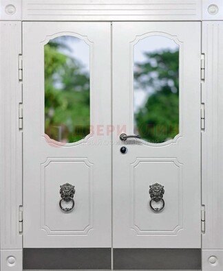 Белая двухстворчатая железная дверь со стеклом ДС-22 в Туле