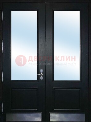Черная двухстворчатая металлическая дверь со стеклом ДС-25 в Туле