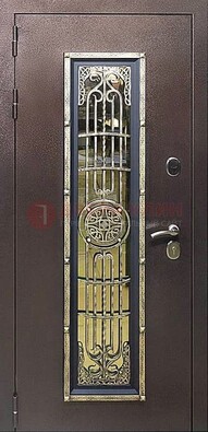 Железная дверь цвета медный антик со стеклом и ковкой ДСК-105 в Туле