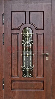 Cтальная дверь со стеклом и ковкой в коричневом цвете ДСК-119 в Туле