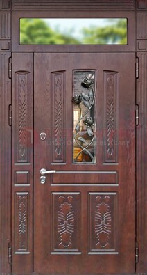 Коричневая железная дверь со стеклом и ковкой на улицу ДСК-127 в Туле