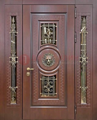Коричневая стальная дверь со стеклом и ковкой ДСК-147 с фрамугами в Туле