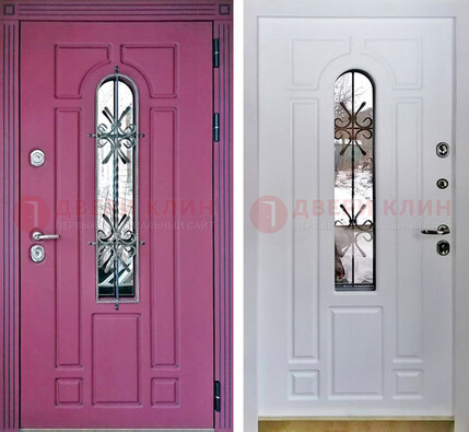Розовая металлическая дверь со стеклом и ковкой ДСК-151 в Туле