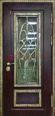 Темная уличная дверь порошок со стеклом и ковкой ДСК-167 в Туле