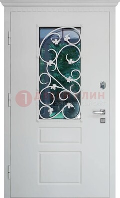 Белая металлическая дверь винорит со стеклом и ковкой ДСК-184 в Туле