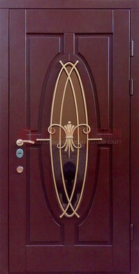 Бордовая стальная дверь Винорит со стеклом и ковкой ДСК-263 в Туле