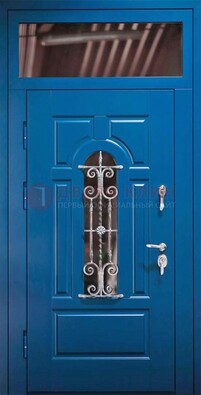 Синяя железная филенчатая дверь со стеклом и ковкой ДСК-97 в Туле