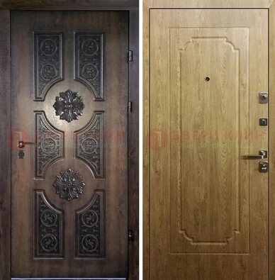 Железная коричневая дверь с виноритом и терморазрывом Золотой дуб внутри ДВТ-101 в Туле