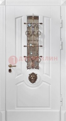 Белая металлическая дверь с виноритом и стеклом с ковкой ДВТ-165 в Туле
