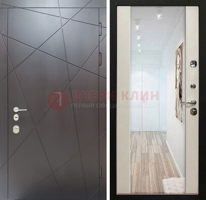 Железная коричневая дверь со светлой МДФ внутри и зеркалом ДЗ-125 в Туле