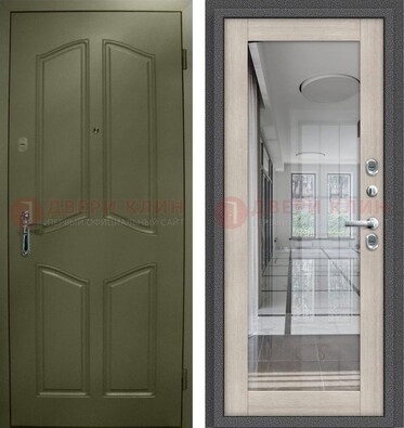 Зеленая стальная дверь с МДФ панелями и зеркалом ДЗ-137 в Туле