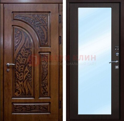 Коричневая входная дверь c узором и виноритом МДФ с зеркалом ДЗ-98 в Туле