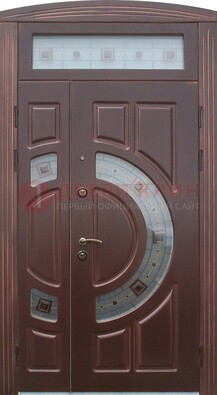 Коричневая двухстворчатая железная дверь с МДФ и витражом ВЖ-29 в Туле